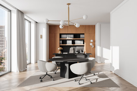 Stylish office interior featuring a large executive desk, round meeting table, and comfortable chairs. Wooden shelves, large windows, bright background, office concept. 3D Rendering.の写真素材
