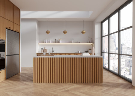 A modern kitchen with wood cabinets, an island, and pendant lights. Large windows show a cityscape, and the space is clean and minimalistic. 3D Renderingの写真素材