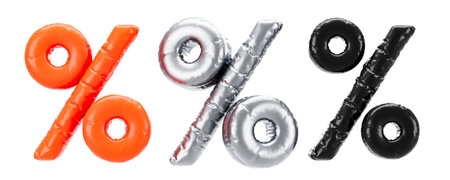 Inflatable percentage signs in orange, silver, and dark colors resembling balloons. Set against a white background. Concept of discounts or sales. 3D Renderingの写真素材