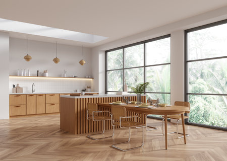 A spacious, modern kitchen interior featuring wooden cabinets, a dining table, and large windows. Natural light fills the room, creating a clean, airy touch. 3D Rendering.の写真素材