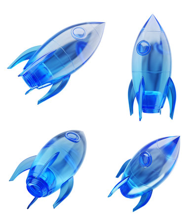 Transparent blue rocket-shaped bottles, glossy and reflective, displayed in multiple angles on a white background. Concept of creative packaging. 3D Rendering.の写真素材