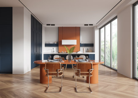 Contemporary dining area with orange table, elegant chairs, wooden flooring, and large windows. Minimalist modern design, natural lighting. 3D Rendering.の写真素材