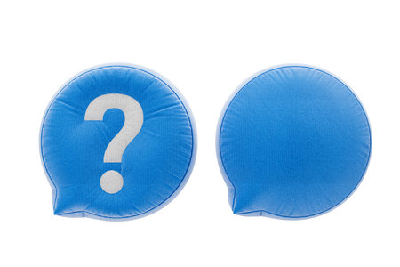 Two blue deflated balloons are shown, one featuring a white question mark. They are placed on a white background, representing mystery or confusion. 3D Rendering.の写真素材