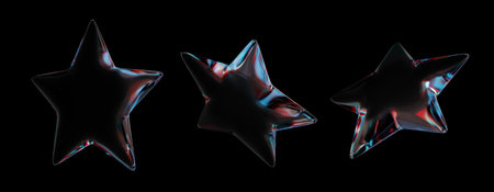 Three glossy star-shaped objects with iridescent multicolor highlights, presented on abackground....