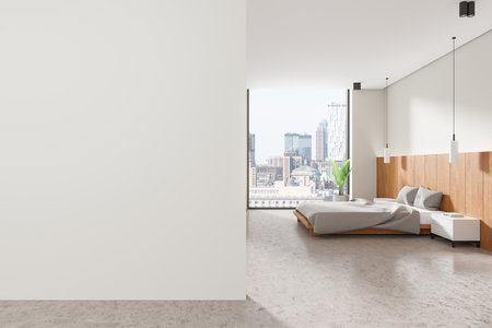 Modern bedroom with wooden headboard, neutral tones, large city view window, concrete flooring, cozy bed, and contemporary pendant lights. 3D Rendering.の写真素材