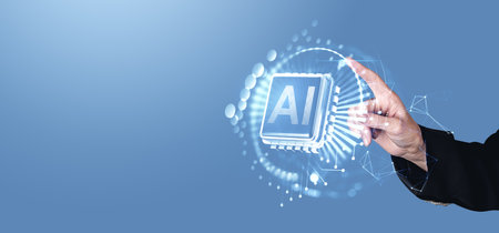 A hand in a business suit points at a glowing AI chip hologram surrounded by digital connections on a blue background, symbolizing technologyの写真素材