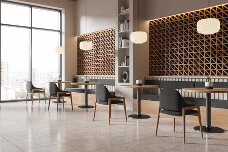 Contemporary dining space with wooden tables, chairs, geometric wall patterns, large windows, warm lighting, minimalist decor. 3D Renderingの写真素材