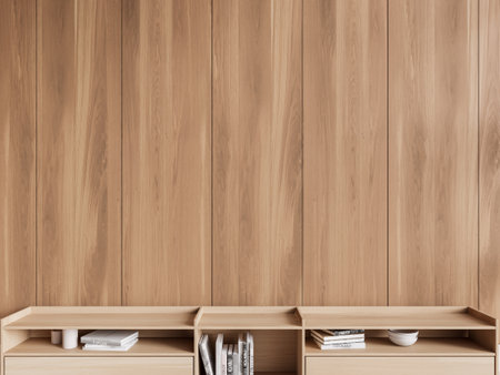 A minimalist wooden shelving unit with books and decor, displayed against a vertical wood-paneled background. Modern design and natural style concept. 3D Rendering.の写真素材