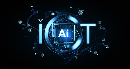 Futuristic IoT and AI design with glowing blue text, digital circuit elements, and interconnected icons on a dark background. Concept of technology integration. 3D Rendering.の写真素材