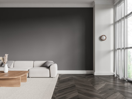 Contemporary living room featuring a cozy white sofa, wooden coffee table, textured rug, gray accent wall, and large windows with sheer curtains. Modern decor. 3D Rendering.の写真素材