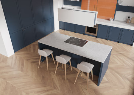 Contemporary kitchen with blue cabinets, orange backsplash, minimalist white barstools, wooden chevron flooring. Interior design visualization. 3D Rendering.の写真素材