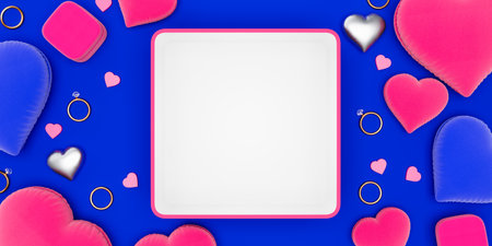 Valentine's Day mockup with pink and blue hearts, rings, and decorative elements on a vibrant blue background, with a blank white frame in the center. 3D Rendering.の写真素材