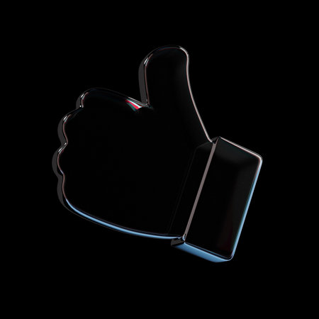 Glossy metallic thumbs-up icon in 3D rendering, depicted with a sleek, reflectivesurface on a dark background. Concept of approvalの写真素材