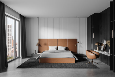 A modern bedroom featuring a brown upholstered bed, sleek pendant lights, and a chic chair, with city views through large windows. 3D Renderingの写真素材