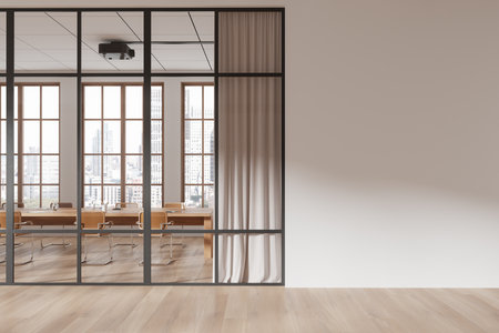 Elegant office space with glass partition, wooden floor, and blank white wall, natural light from large windows. Ideal for mockup or design template. 3D Rendering.の写真素材