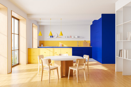 Contemporary kitchen interior with bold yellow and blue cabinets, wooden dining set, open shelving, and ample natural light. Concept of luxury design. 3D Rendering.の写真素材