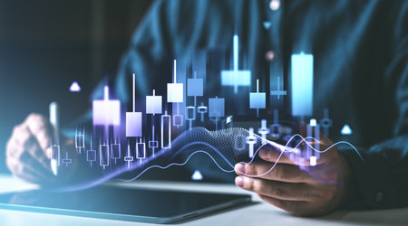 Financial trader analyzing stock market data on a futuristic interface with glowing candlestick chart and graphs. Concept of forex and businessの写真素材