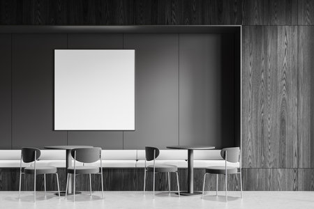 Empty white poster template on a sleek wooden wall, surrounded by chairs, tables, and soft lighting. Modern minimalist concept in interior design. 3D Rendering.の写真素材