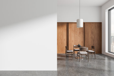 Modern dining area with wooden table, chairs, and paneling, on a polished floor, large window, minimalist design, bright and airy interior, 3D Renderingの写真素材