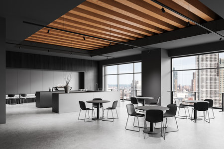 Sleek office lounge area with round tables, chairs, wooden ceiling accents, and large windows showcasing an urban skyline, modern interior concept. 3D Rendering.の写真素材