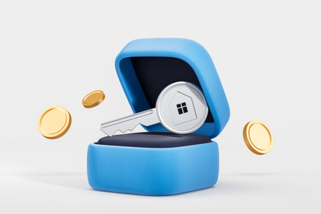 Metallic key with house symbol in a blue gift box, golden coins floating around, white background. Concept of real estate investment and property. 3D Rendering.の写真素材