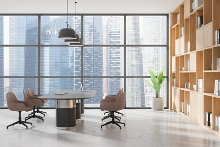 Contemporary office space featuring a conference table, chairs, wooden bookshelf, city view through large windows, and modern lighting concept. 3D Rendering.の写真素材