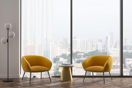 Elegant yellow chairs, a gold table with books, and a contemporary standing lamp in a modern interior. Cityscape view through glass windows, cozy ambiance. 3D Rendering.の写真素材