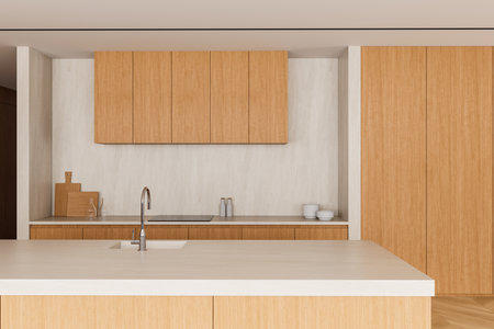 Wooden cabinets and marble countertop in a modern minimalist kitchen interior, with clean design, light-colored walls, and organized setup. 3D Rendering.の写真素材