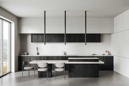 Contemporary kitchen with white countertops, cabinetry, minimalist furniture, and large window. Modern design, bright interior, 3D Renderingの写真素材