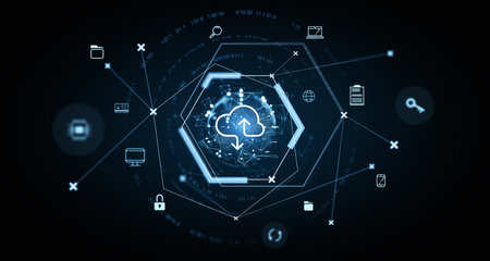 Digital cloud storage interface with icons, glowing hexagon design on dark background. Concept of data synchronization and technology. 3D Rendering.の写真素材