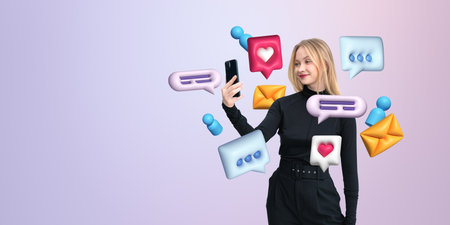 Woman holding a smartphone, surrounded by vibrant social media icons, on a soft gradient background. Represents modern technology and online lifestyleの写真素材
