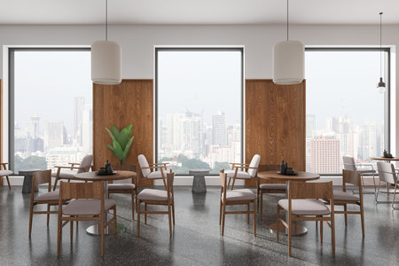 Stylish dining area featuring wooden tables, chairs, large windows with urban skyline view, wooden walls, and terrazzo flooring, concept of modernity. 3D Rendering.の写真素材