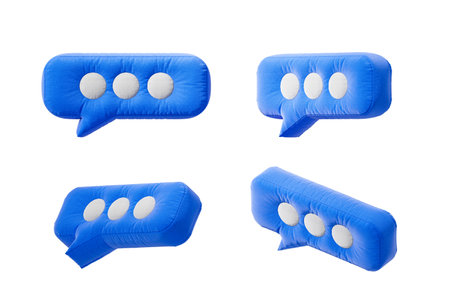 Blue plush speech bubbles featuring three white dots, displayed from various angles, isolated on a white background. Concept of communication. 3D Rendering.の写真素材