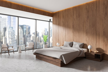 Modern bedroom features wood-paneled walls, large windows showcasing a cityscape, minimalist furniture, and soft lighting. Concept of contemporary living. 3D Rendering.の写真素材