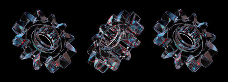 Transparent crystalline gears with intricate details and colorful light refractions, arranged in a...