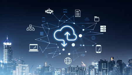 Cloud icon with arrows surrounded by network symbols above a Bangkok city skyline at night, representing data storage and online servicesの写真素材