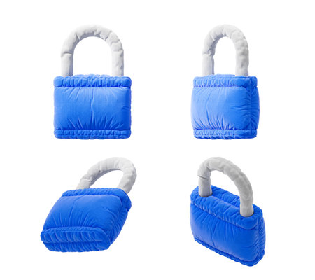 Blue padded locks with soft texture and white handles, showcased in various angles on a plain white background. Concept of security with comfort. 3D Rendering.の写真素材