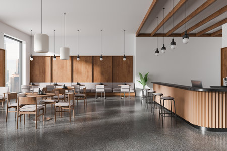 Stylish cafe interior with wooden tables, chairs, ceiling beams, pendant lighting, and terrazzo flooring, offering a welcoming atmosphere in a bright urban setting. 3D Rendering.の写真素材