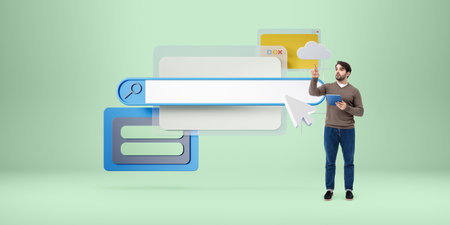 Man holding tablet, interacting with graphic elements of a search bar and icons on a light green background. Concept of online search and browsingの写真素材