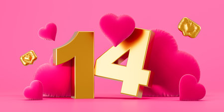 Golden number 14 with pink and gold heart symbols on a vibrant pink background, representing a Valentine's Day concept. 3D Renderingの写真素材
