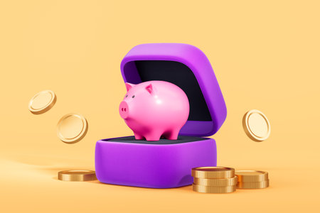 Pink piggy bank displayed in a purple box with gold coins scattered around, set on a vibrant yellow background. Concept of savings and wealth. 3D Rendering.の写真素材