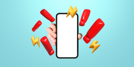 Smartphone in hand with blank white screen, surrounded by red exclamation marks and yellow lightning bolts, on a blue background. Concept of notificationsの写真素材
