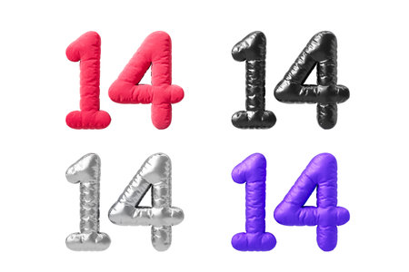Inflated numbers 14 in four different colors: red, silver, and purple, displayed on a white background. Concept of love and Valentine's Day. 3D Rendering.の写真素材