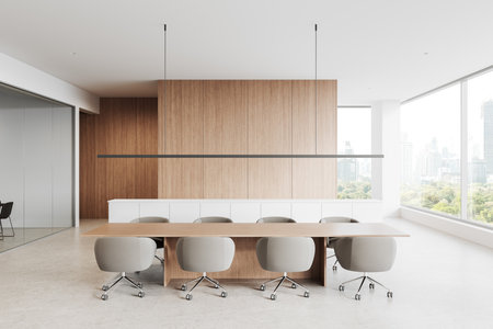 Modern conference room featuring a wooden table, upholstered chairs, wood-paneled walls, and large windows with a cityscape view. 3D Renderingの写真素材