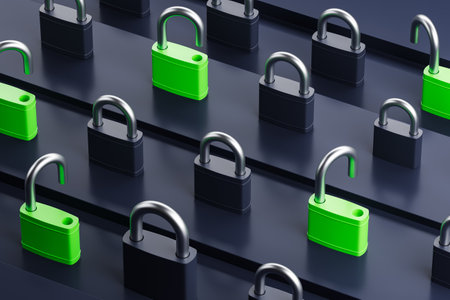 Rows of green and gray padlocks with open and closed mechanisms on a dark background. Concept of security and vulnerability. 3D Renderingの写真素材