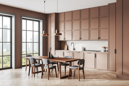 Contemporary kitchen showcasing brown cabinets, wooden table with chairs, pendant lights, and natural light from large windows. Interior design concept. 3D Rendering.の写真素材