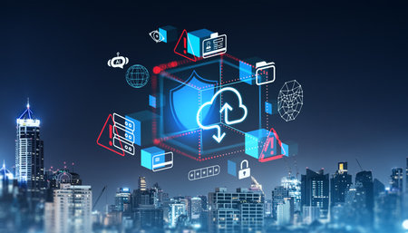 Abstract digital cloud storage and security icons over night cityscape, featuring illuminated Bangkok skyscrapers. Concept of remote data networkの写真素材