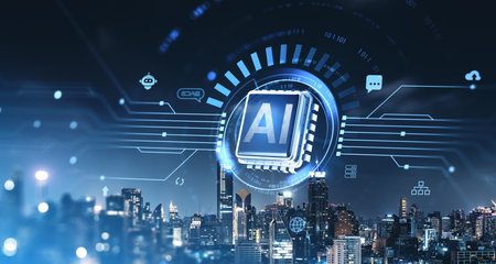 Futuristic AI chip hologram overlay on a cityscape background at night, symbolizing artificial intelligence, innovation, and technology conceptsの写真素材