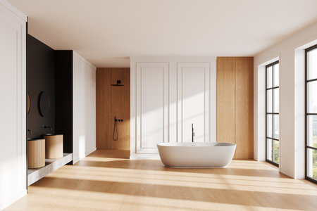 Modern bathroom with a white freestanding bathtub, wood-panel accents, fixtures, and large windows. Warm tones, minimalist concept. 3D Renderingの写真素材
