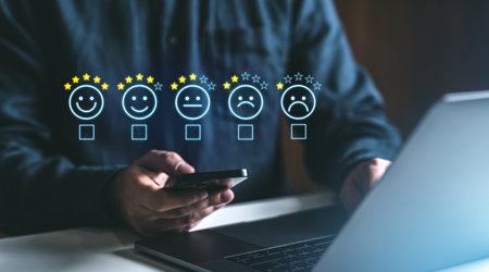 A person using a smartphone with star ratings and emoticons displayed on a dark background, representing online reviews, feedback, and experience evaluationの写真素材
